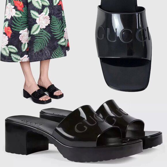 GUCCI SHOES BLACK RUBBER LOGO EMBOSSED SLIDE SANDALS w BLOCK HEEL sz 39 - Picture 1 of 9